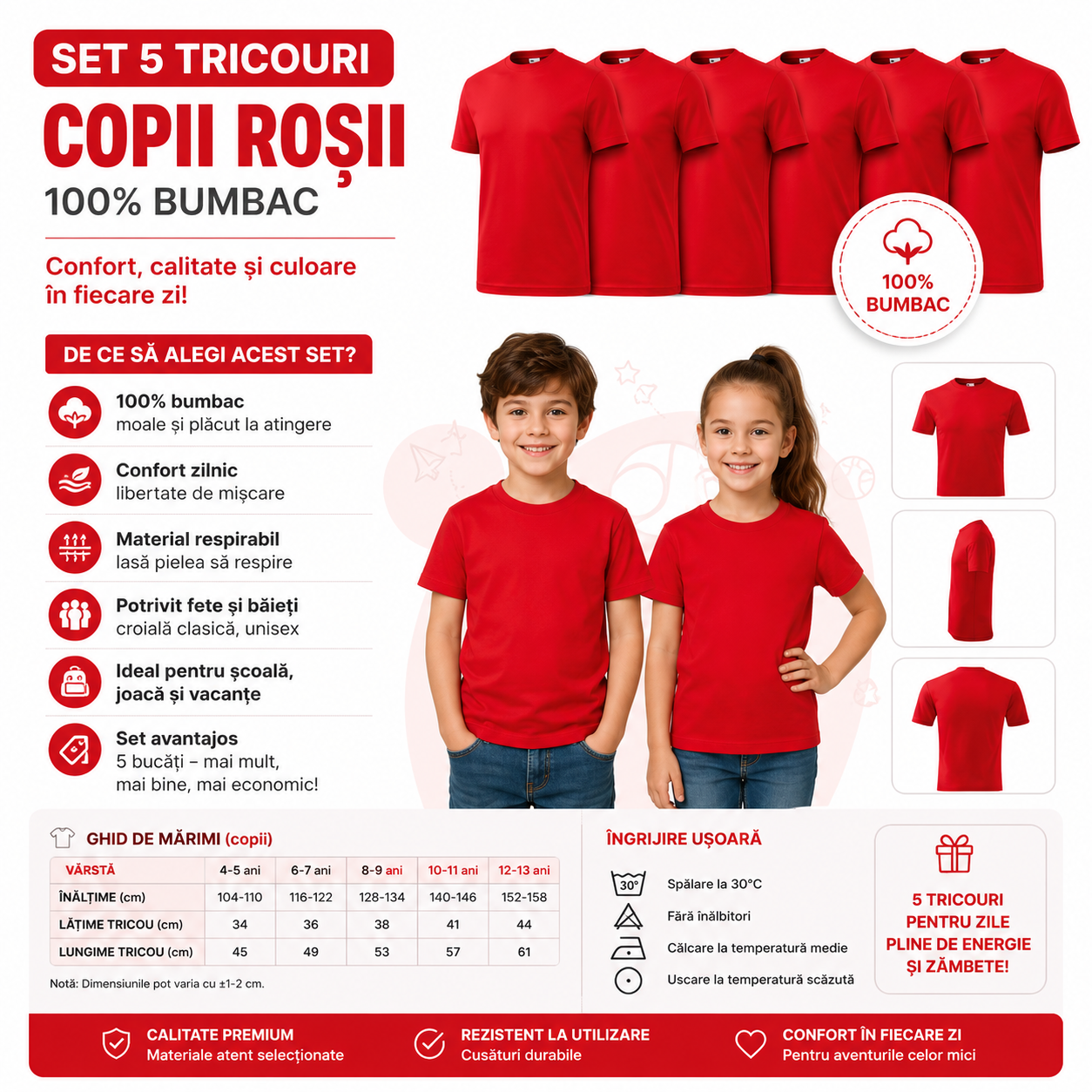 Set 5 tricouri roșii pentru copii din bumbac 100%, potrivite pentru școală, joacă și activități zilnice